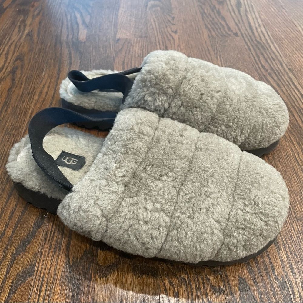 UGG Super Fluff Slippers Olive Green Sherpa & Black Slip On Slippers
